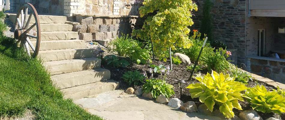 New back yard landscaping and mulch installation in Lincoln, %%state.